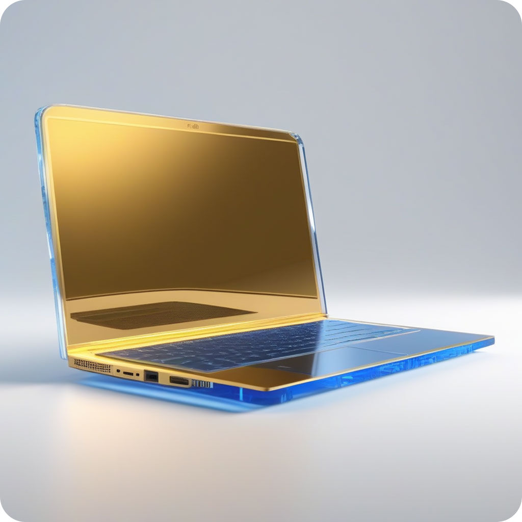 A glossy gold and blue laptop on a pale background, standing in for the PC that runs both Windows and Linux.