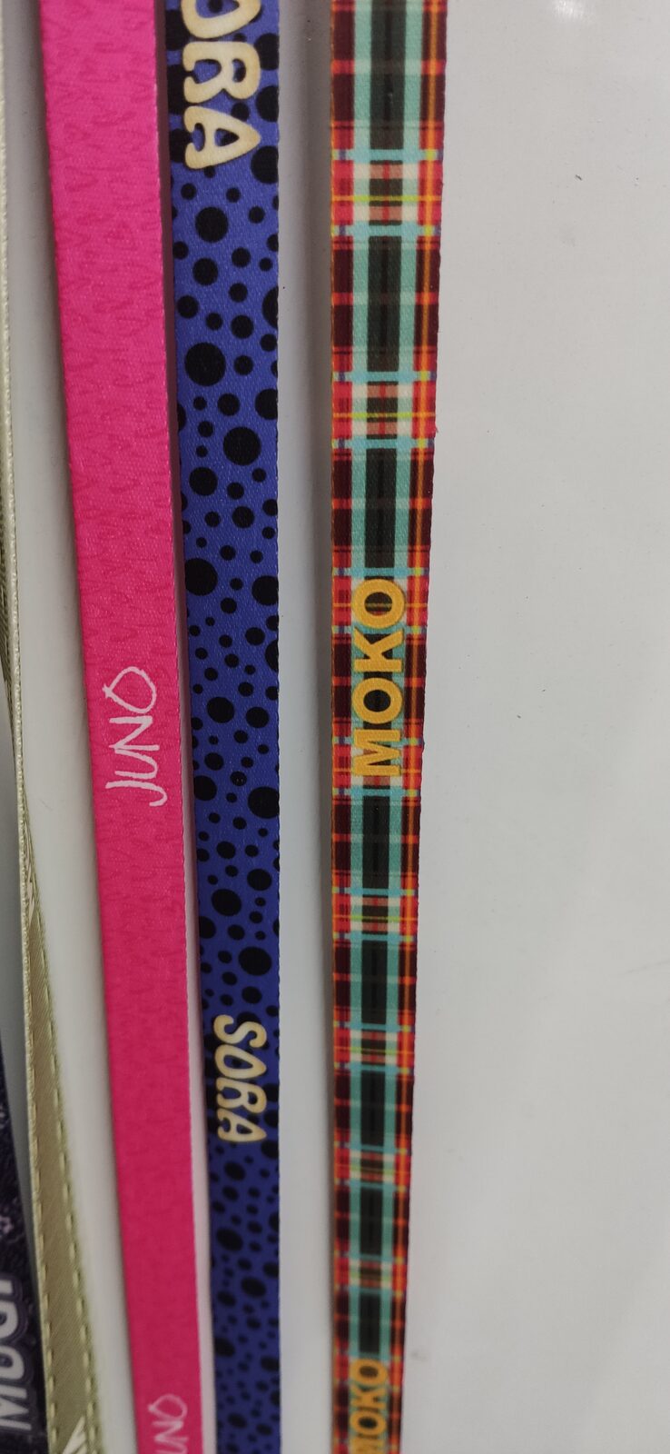 Several narrow leash straps in pink, blue with dots and plaid, printed with dog names such as Sora and Moko.