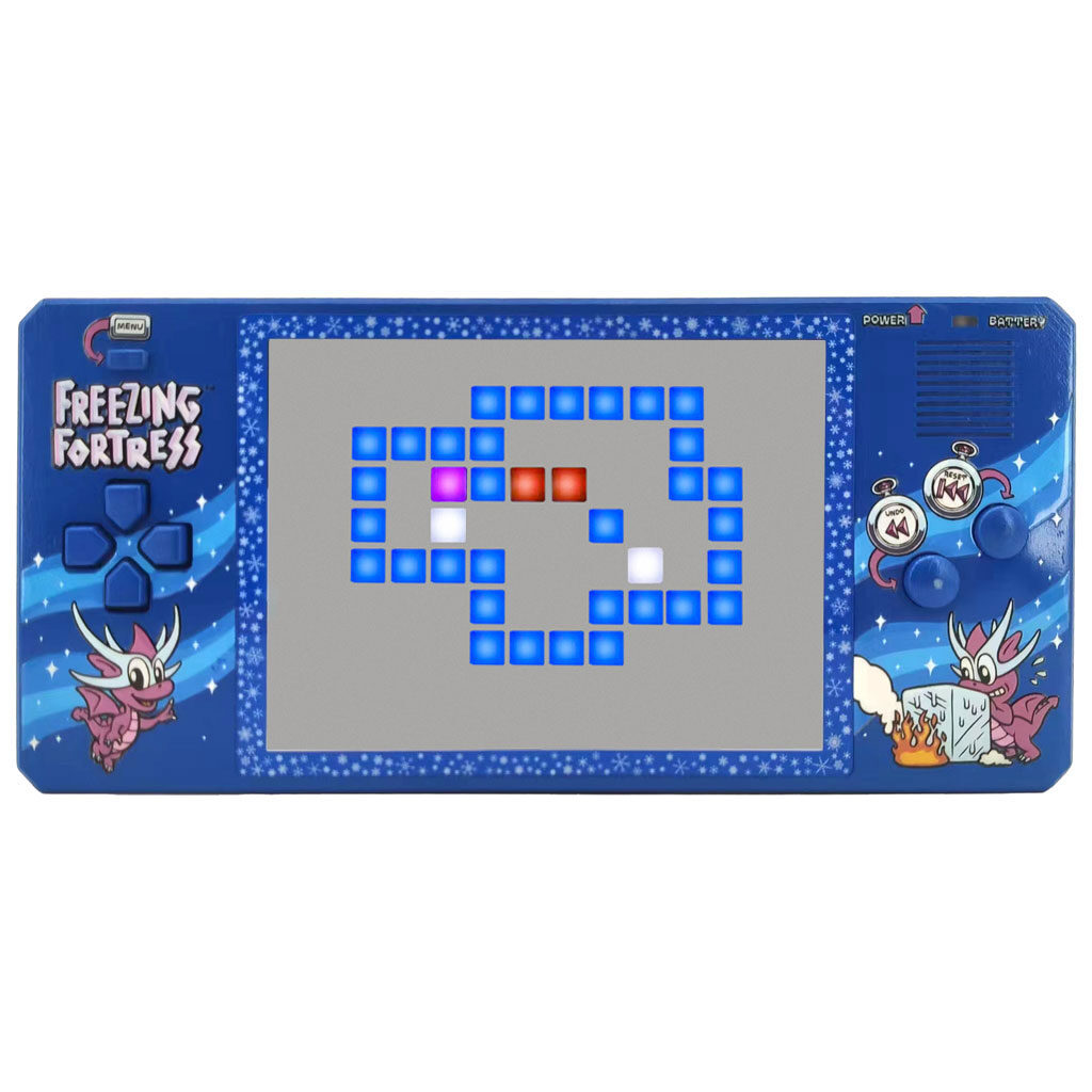 Blue handheld game console with Freezing Fortress artwork showing a blue puzzle layout with coloured blocks on a grey screen.